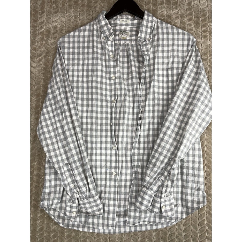 J. Crew Button Down Mens L Gray Gingham Secret Wash Stretch AA265